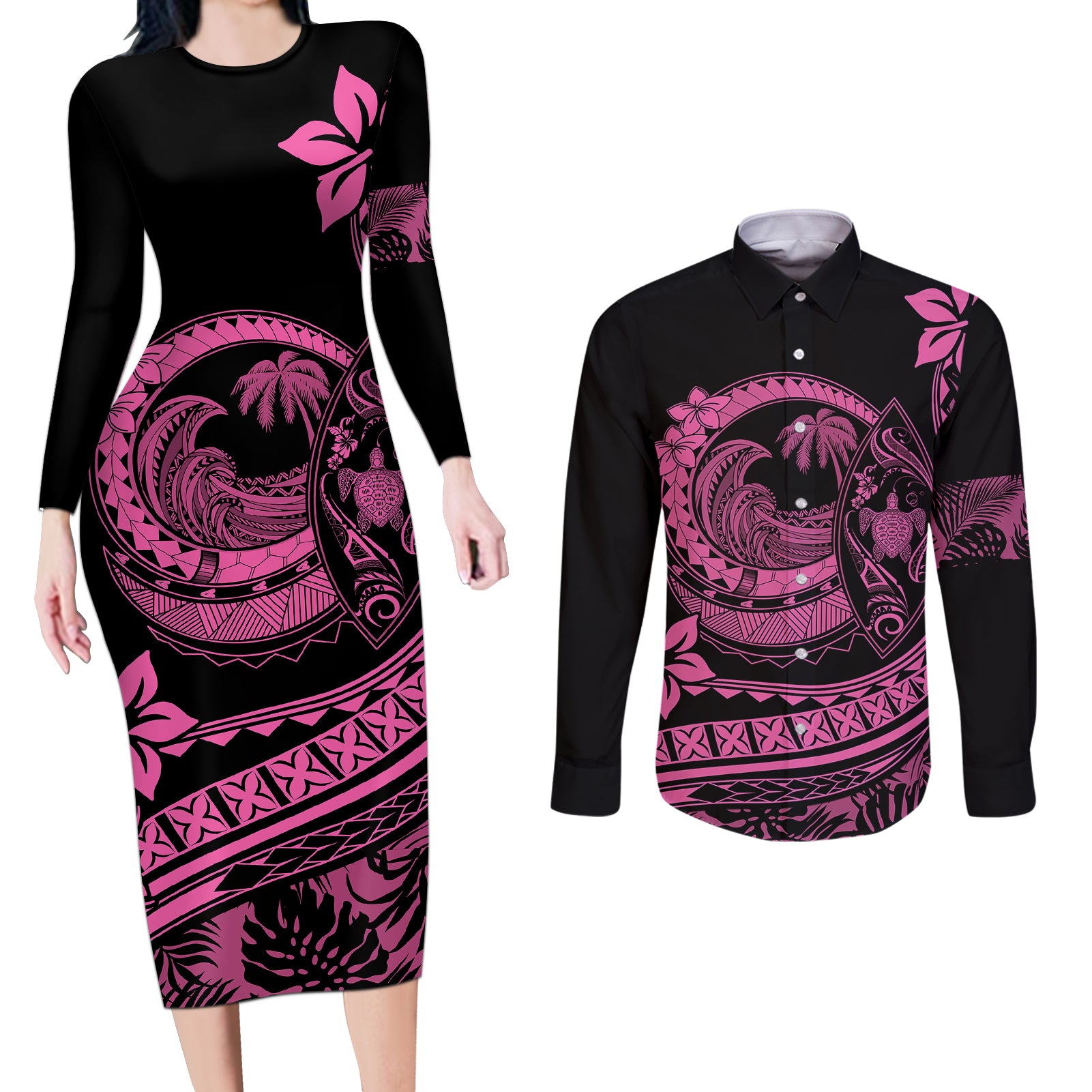 Polynesian Plumeria Couples Matching Long Sleeve Bodycon Dress and Long Sleeve Button Shirts Ride The Waves - Pink LT7 Pink - Polynesian Pride