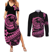 Polynesian Plumeria Couples Matching Summer Maxi Dress and Long Sleeve Button Shirts Ride The Waves - Pink LT7 Pink - Polynesian Pride
