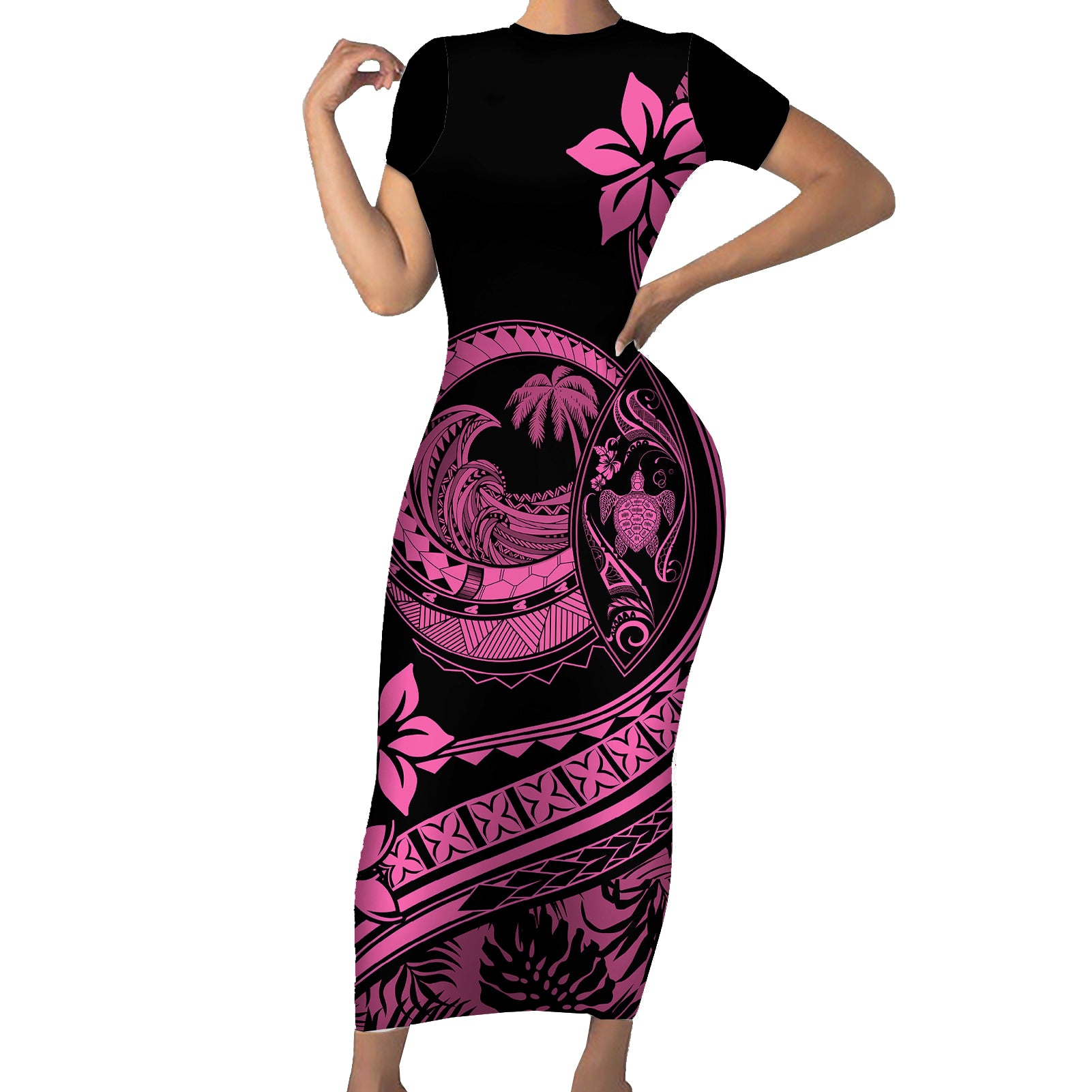 Polynesian Plumeria Short Sleeve Bodycon Dress Ride The Waves - Pink LT7 Long Dress Pink - Polynesian Pride