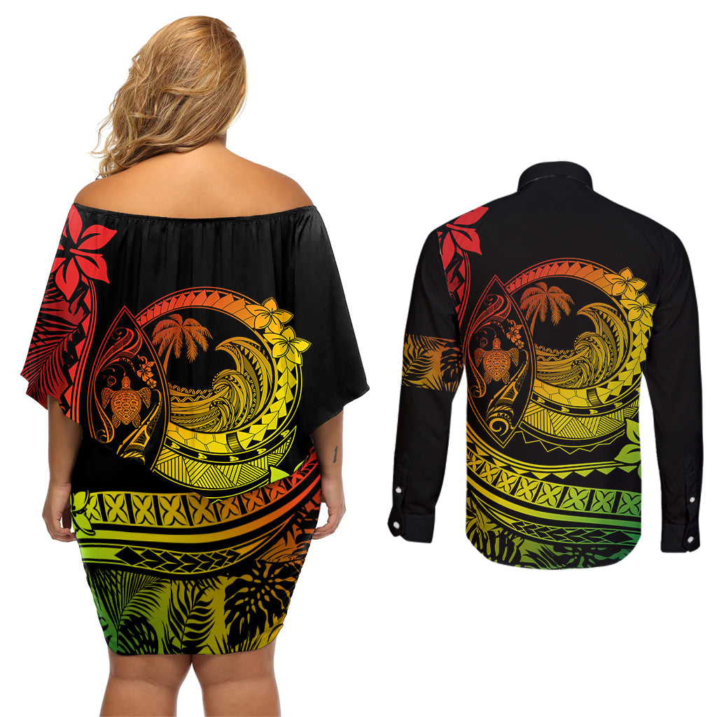 Polynesian Plumeria Couples Matching Off Shoulder Short Dress and Long Sleeve Button Shirts Ride The Waves - Reggae LT7 - Polynesian Pride