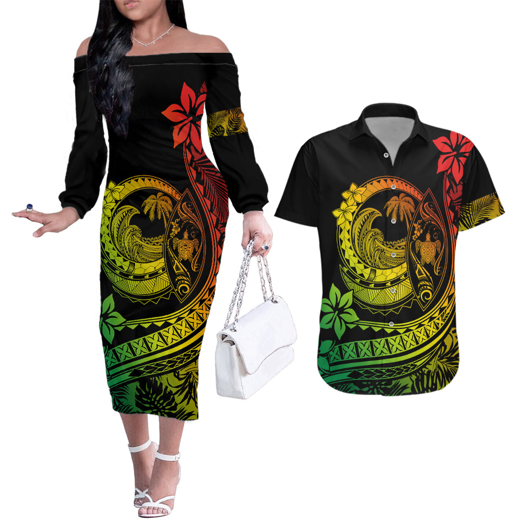 Polynesian Plumeria Couples Matching Off The Shoulder Long Sleeve Dress and Hawaiian Shirt Ride The Waves - Reggae LT7 Reggae - Polynesian Pride