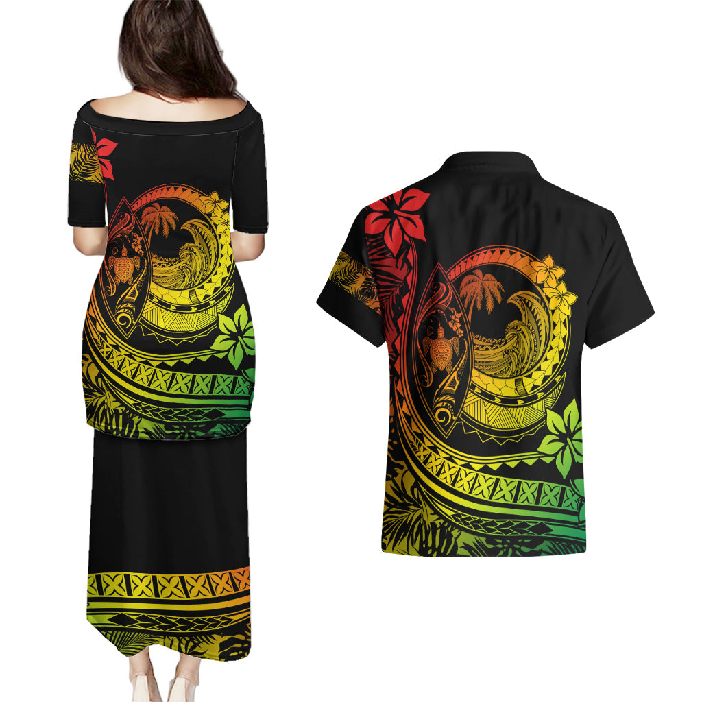 Polynesian Plumeria Couples Matching Puletasi Dress and Hawaiian Shirt Ride The Waves - Reggae LT7 - Polynesian Pride
