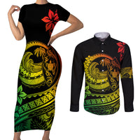 Polynesian Plumeria Couples Matching Short Sleeve Bodycon Dress and Long Sleeve Button Shirts Ride The Waves - Reggae LT7 Reggae - Polynesian Pride