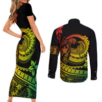 Polynesian Plumeria Couples Matching Short Sleeve Bodycon Dress and Long Sleeve Button Shirts Ride The Waves - Reggae LT7 - Polynesian Pride