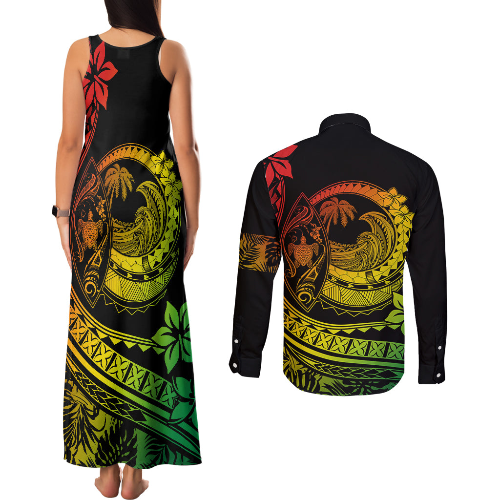 Polynesian Plumeria Couples Matching Tank Maxi Dress and Long Sleeve Button Shirts Ride The Waves - Reggae LT7 - Polynesian Pride