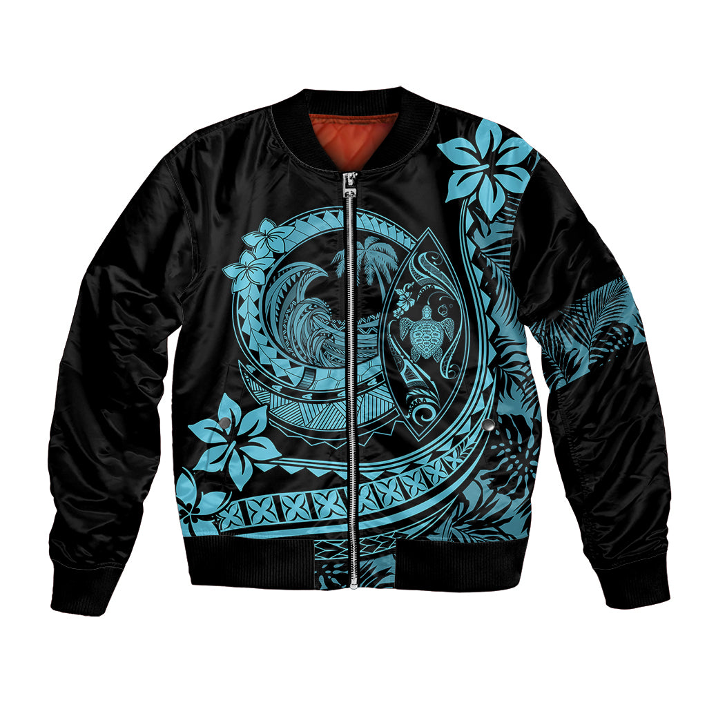 Polynesian Plumeria Bomber Jacket Ride The Waves - Turquoise LT7 Unisex Turquoise - Polynesian Pride