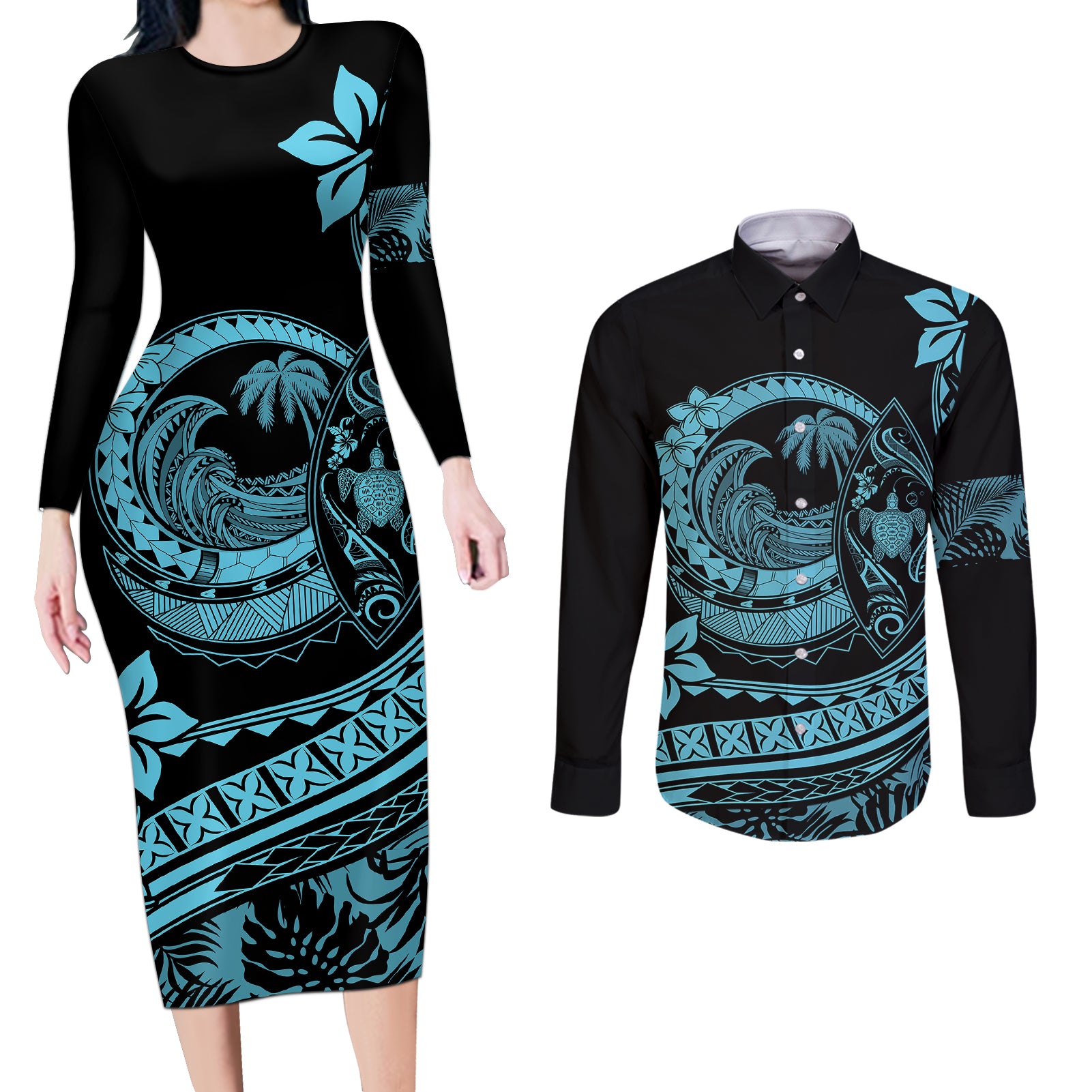 Polynesian Plumeria Couples Matching Long Sleeve Bodycon Dress and Long Sleeve Button Shirts Ride The Waves - Turquoise LT7 Turquoise - Polynesian Pride