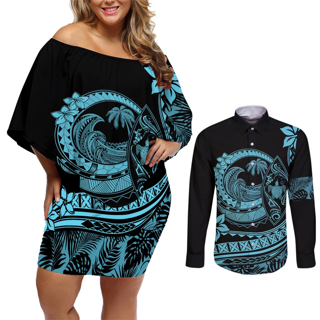 Polynesian Plumeria Couples Matching Off Shoulder Short Dress and Long Sleeve Button Shirts Ride The Waves - Turquoise LT7 Turquoise - Polynesian Pride