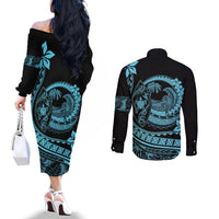 Polynesian Plumeria Couples Matching Off The Shoulder Long Sleeve Dress and Long Sleeve Button Shirts Ride The Waves - Turquoise LT7 - Polynesian Pride