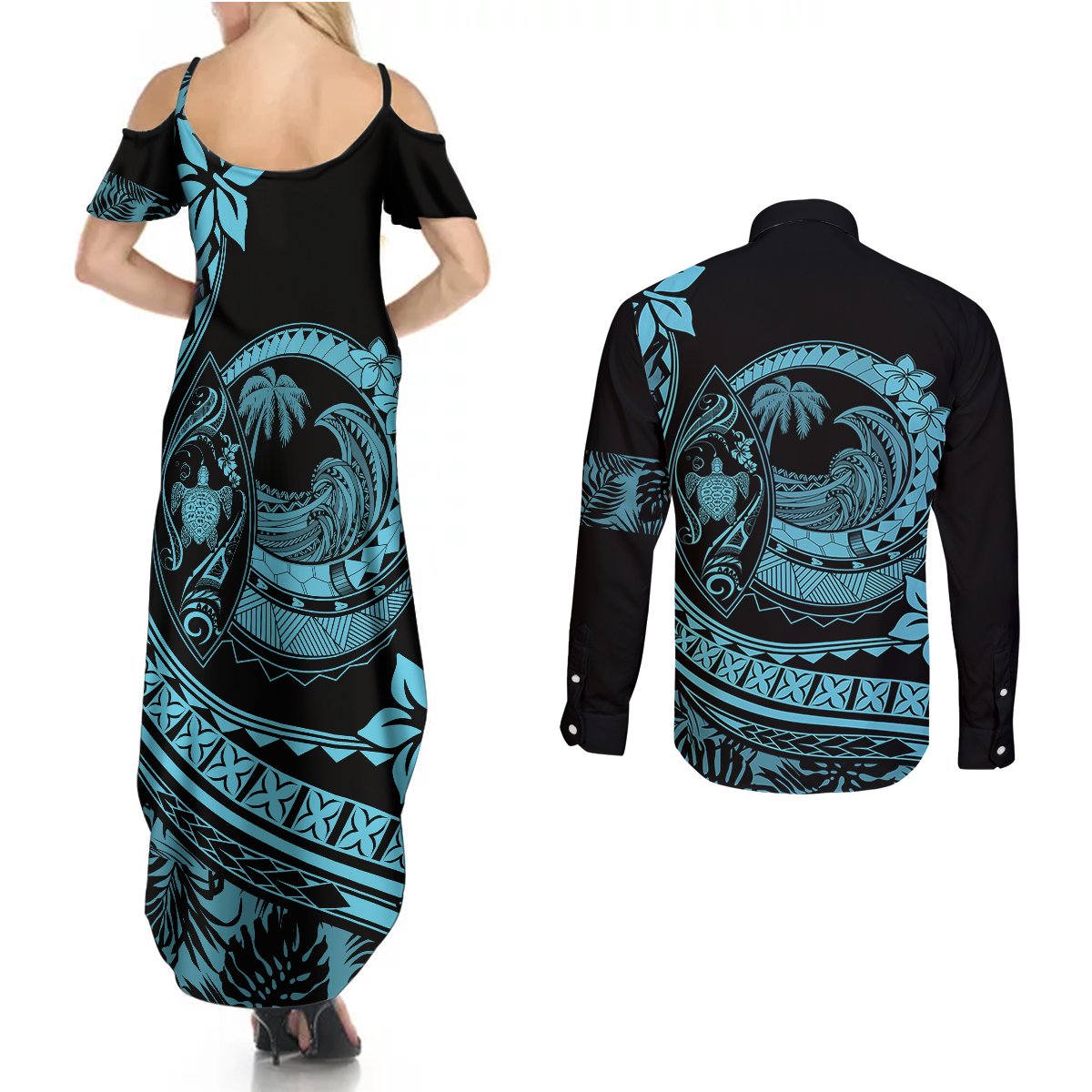 Polynesian Plumeria Couples Matching Summer Maxi Dress and Long Sleeve Button Shirts Ride The Waves - Turquoise LT7 - Polynesian Pride
