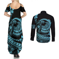 Polynesian Plumeria Couples Matching Summer Maxi Dress and Long Sleeve Button Shirts Ride The Waves - Turquoise LT7 - Polynesian Pride