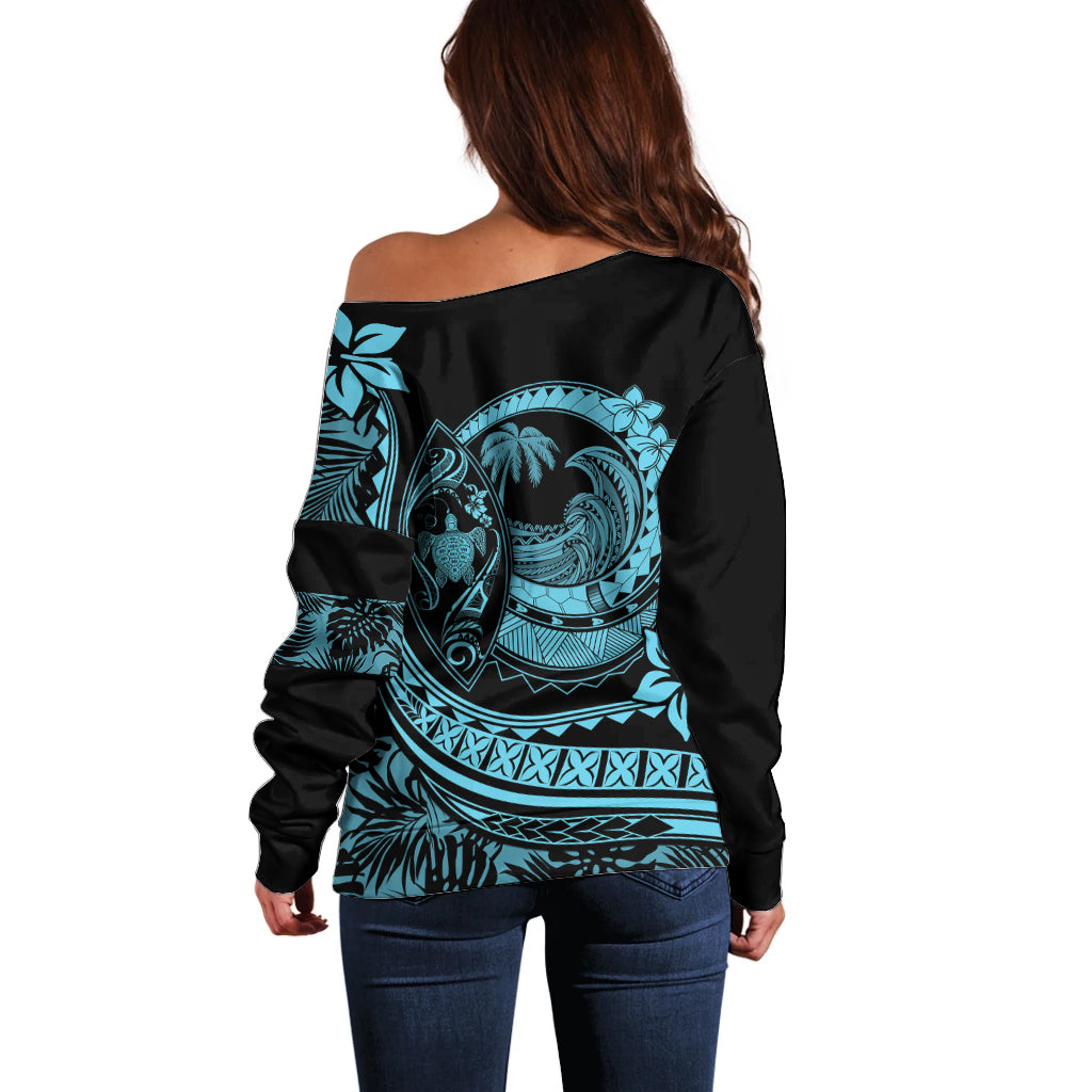 Polynesian Plumeria Off Shoulder Sweater Ride The Waves - Turquoise LT7 - Polynesian Pride