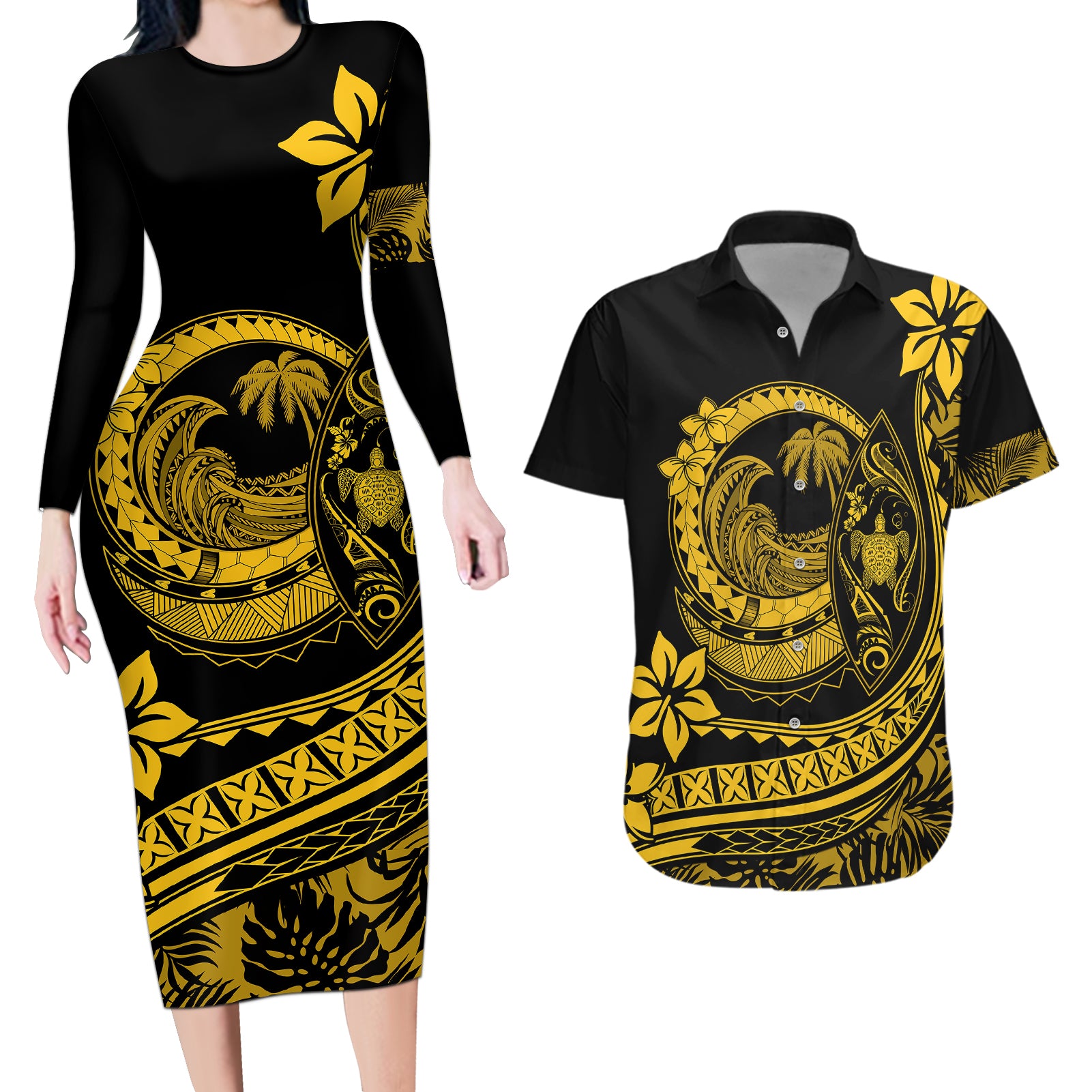 Polynesian Plumeria Couples Matching Long Sleeve Bodycon Dress and Hawaiian Shirt Ride The Waves - Yellow LT7 Yellow - Polynesian Pride