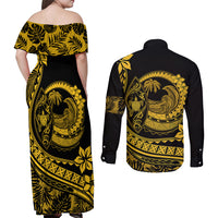 Polynesian Plumeria Couples Matching Off Shoulder Maxi Dress and Long Sleeve Button Shirts Ride The Waves - Yellow LT7 - Polynesian Pride