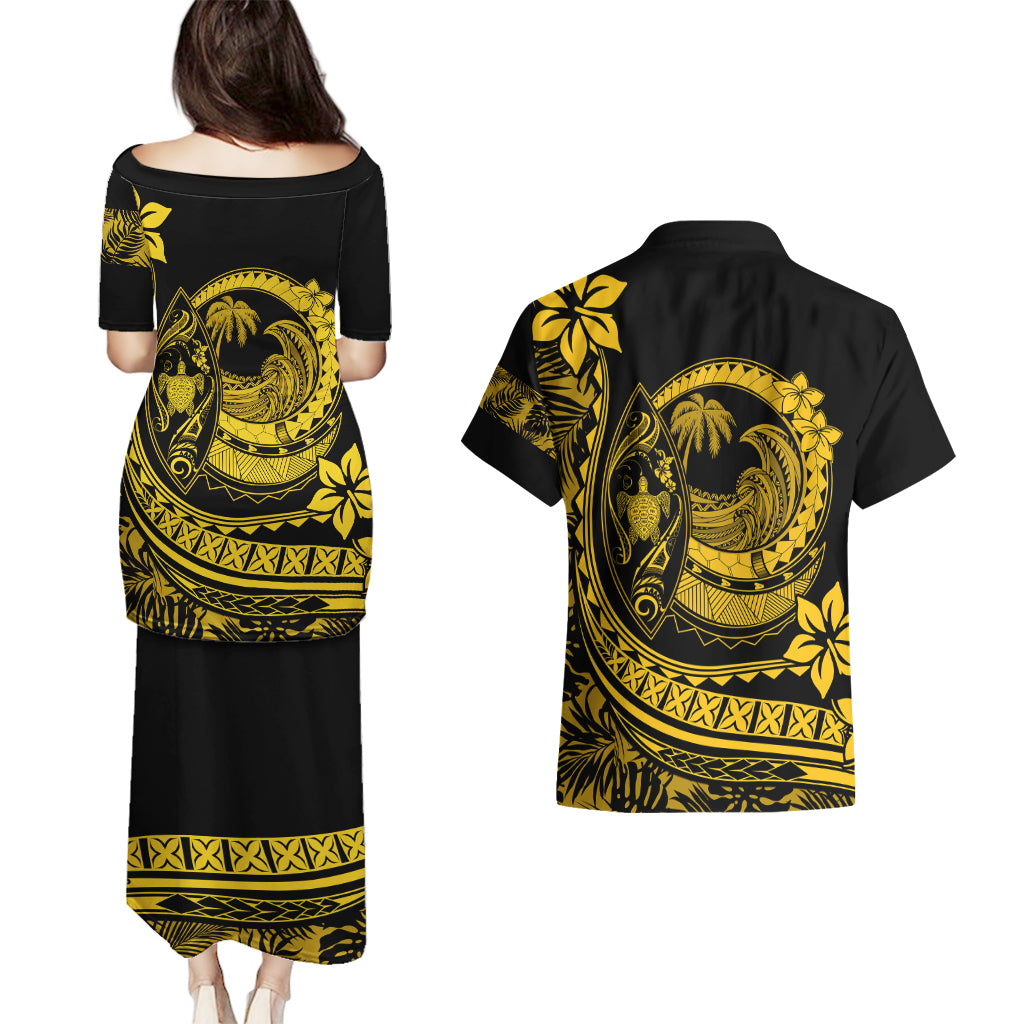 Polynesian Plumeria Couples Matching Puletasi Dress and Hawaiian Shirt Ride The Waves - Yellow LT7 - Polynesian Pride