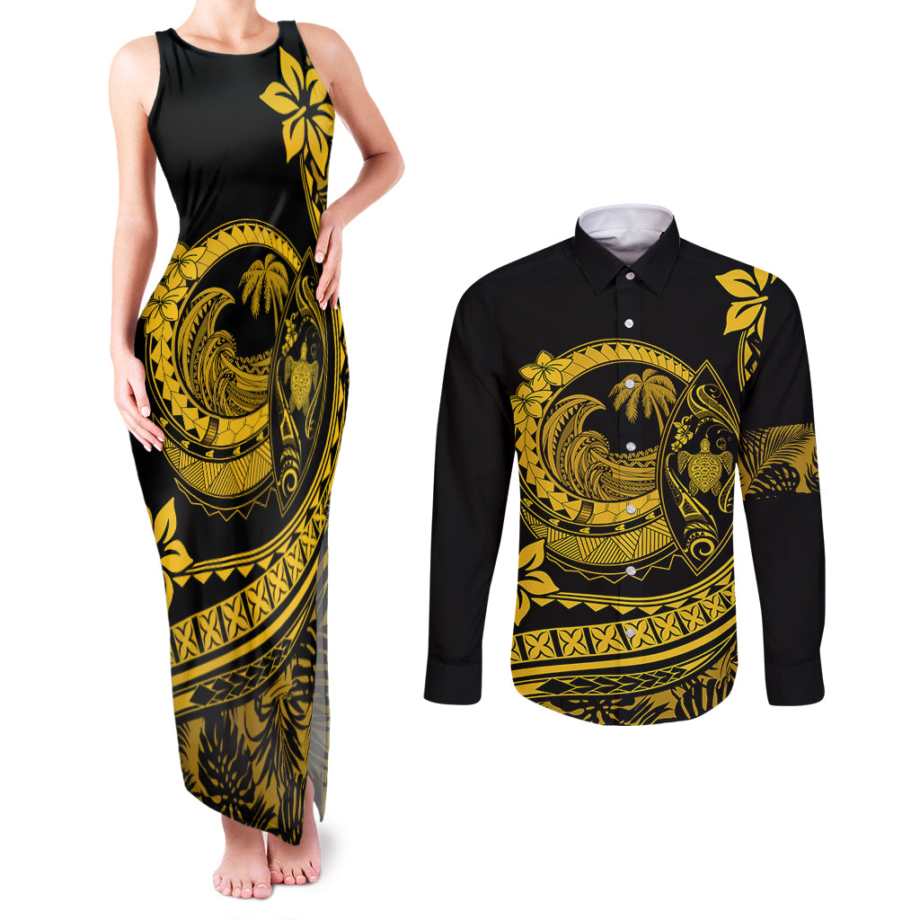 Polynesian Plumeria Couples Matching Tank Maxi Dress and Long Sleeve Button Shirts Ride The Waves - Yellow LT7 Yellow - Polynesian Pride