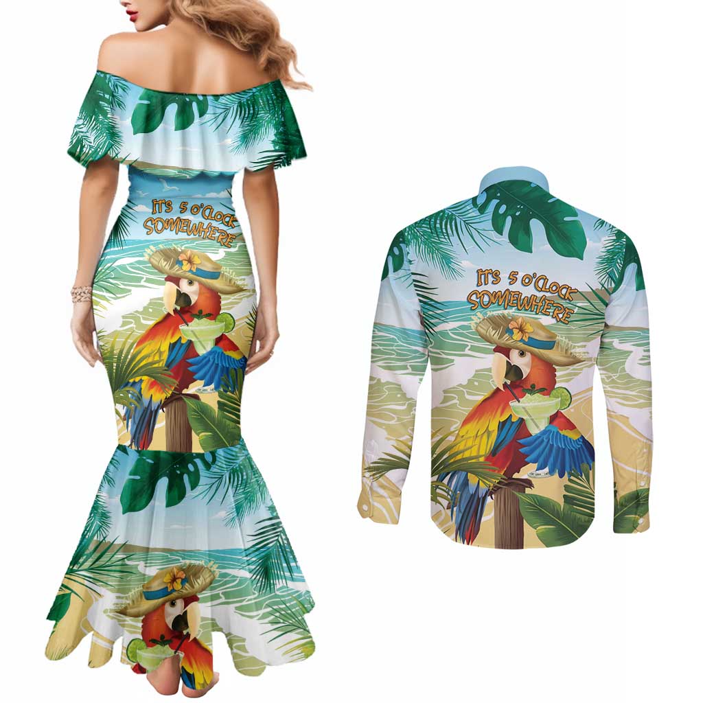 Aloha Hawaii It's 5 o'clock Somewhere Couples Matching Mermaid Dress and Long Sleeve Button Shirt - Polynesian Pride