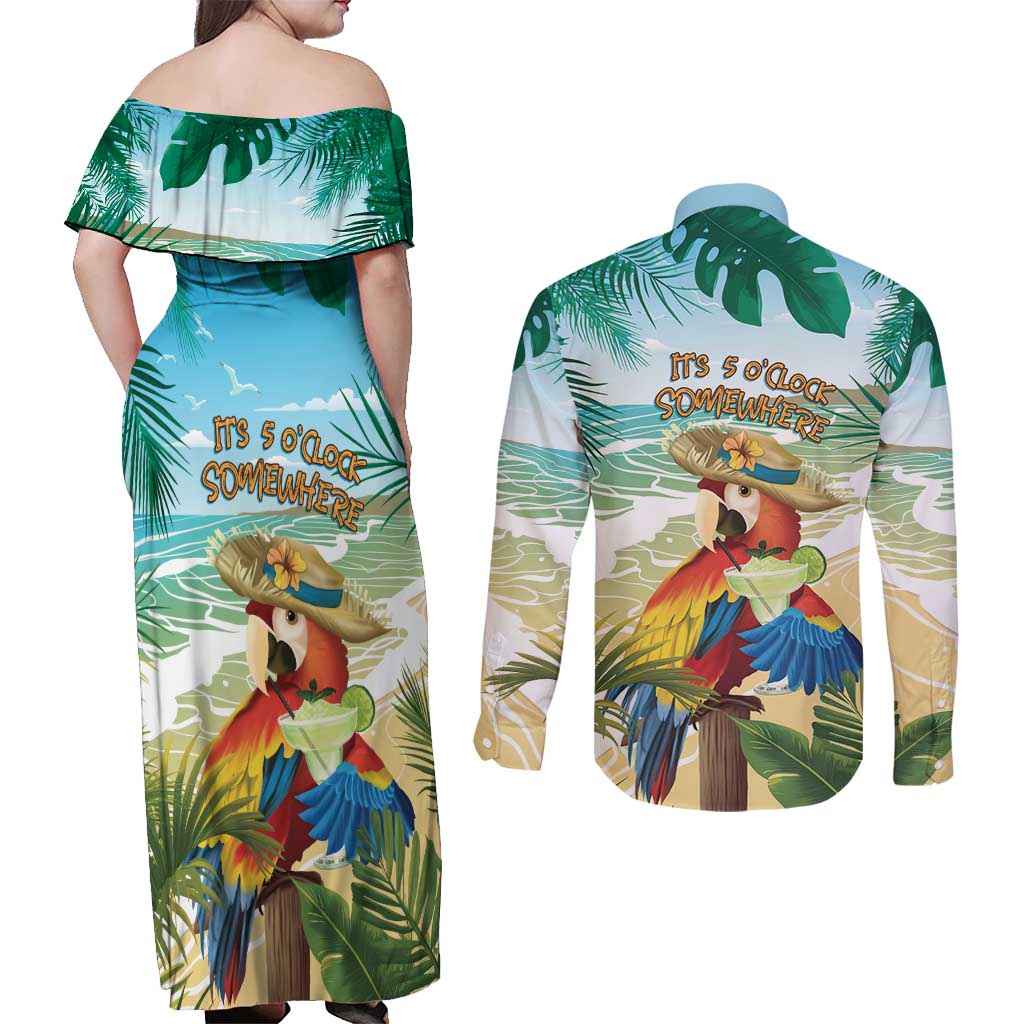 Aloha Hawaii It's 5 o'clock Somewhere Couples Matching Off Shoulder Maxi Dress and Long Sleeve Button Shirt - Polynesian Pride