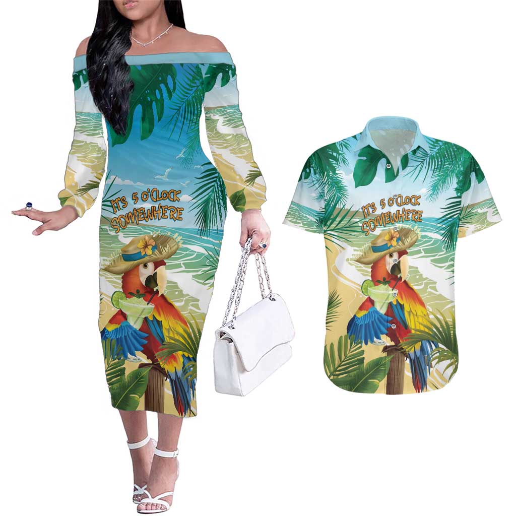 Aloha Hawaii It's 5 o'clock Somewhere Couples Matching Off The Shoulder Long Sleeve Dress and Hawaiian Shirt - Polynesian Pride