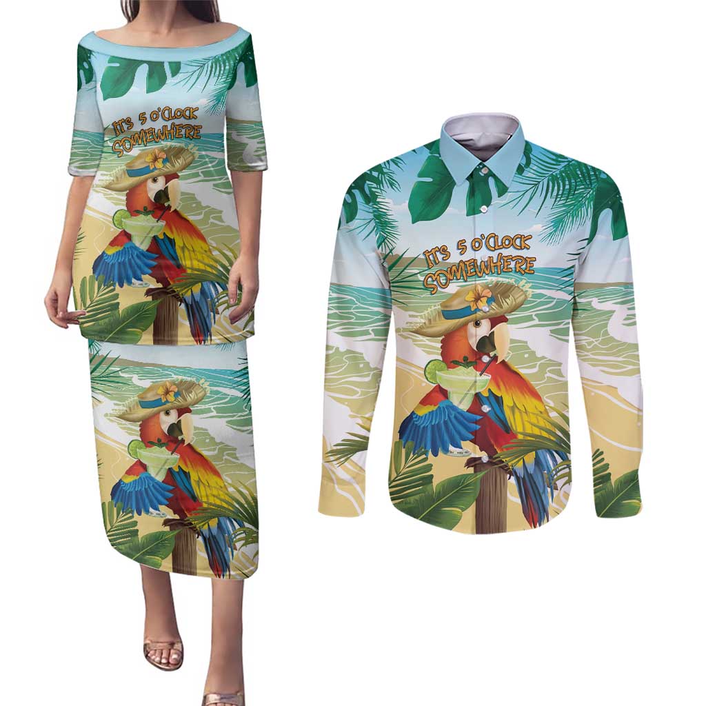 Aloha Hawaii It's 5 o'clock Somewhere Couples Matching Puletasi and Long Sleeve Button Shirt - Polynesian Pride