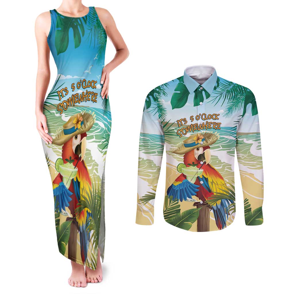 Aloha Hawaii It's 5 o'clock Somewhere Couples Matching Tank Maxi Dress and Long Sleeve Button Shirt - Polynesian Pride