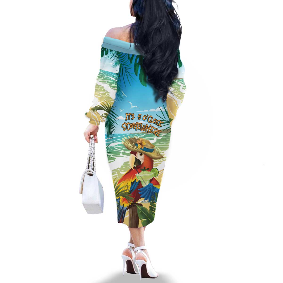 Aloha Hawaii It's 5 o'clock Somewhere Family Matching Off The Shoulder Long Sleeve Dress and Hawaiian Shirt - Polynesian Pride