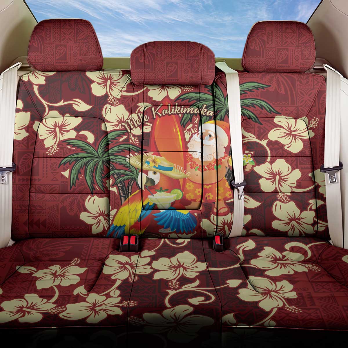 Crimson Red Tropical Christmas Hawaii Tapa Back Car Seat Cover Aloha Santa Drink Party LT7 One Size Red - Polynesian Pride