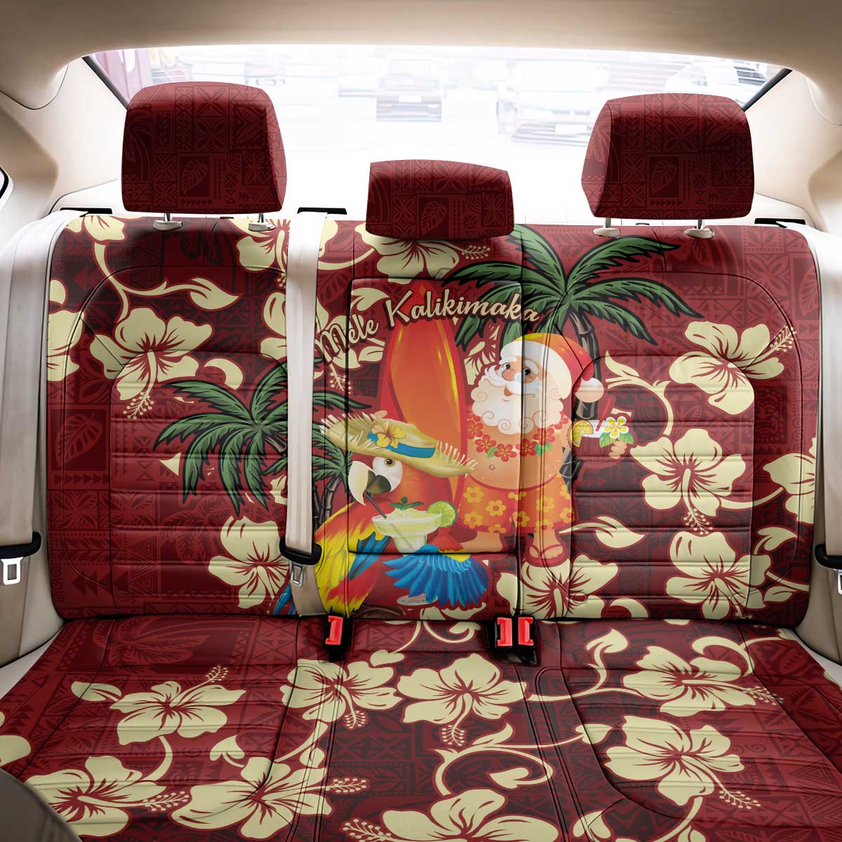 Crimson Red Tropical Christmas Hawaii Tapa Back Car Seat Cover Aloha Santa Drink Party LT7 - Polynesian Pride