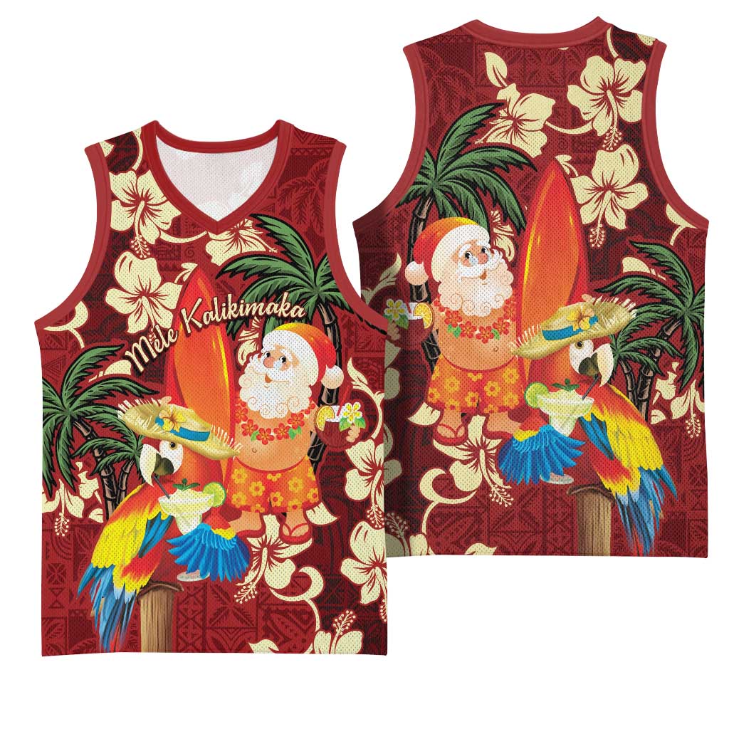 Crimson Red Tropical Christmas Hawaii Tapa Basketball Jersey Aloha Santa Drink Party - Polynesian Pride