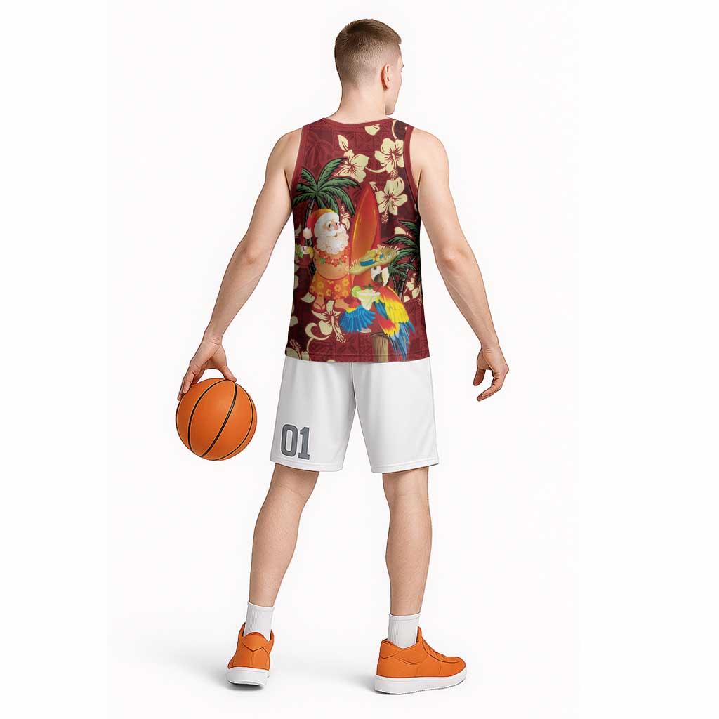 Crimson Red Tropical Christmas Hawaii Tapa Basketball Jersey Aloha Santa Drink Party - Polynesian Pride