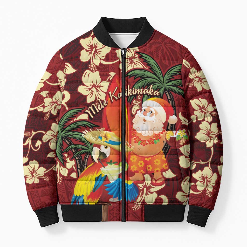 Crimson Red Tropical Christmas Hawaii Tapa Bomber Puffer Jacket Aloha Santa Drink Party - Polynesian Pride