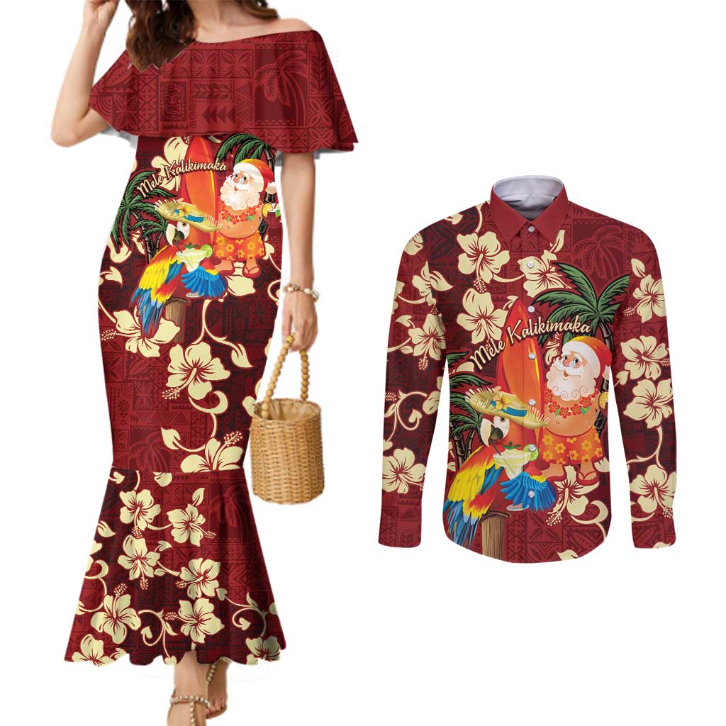 Crimson Red Tropical Christmas Hawaii Tapa Couples Matching Mermaid Dress and Long Sleeve Button Shirt Aloha Santa Drink Party - Polynesian Pride