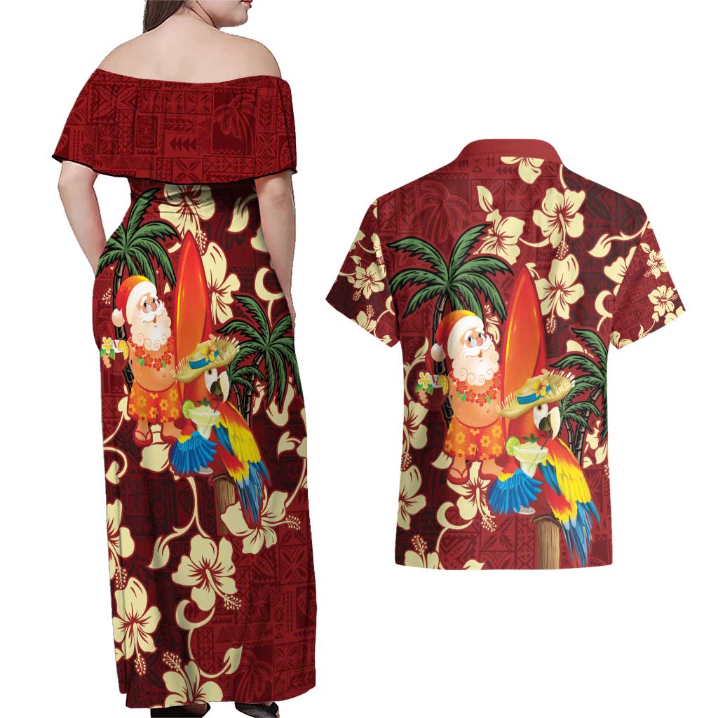 Crimson Red Tropical Christmas Hawaii Tapa Couples Matching Off Shoulder Maxi Dress and Hawaiian Shirt Aloha Santa Drink Party - Polynesian Pride