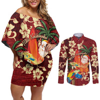 Crimson Red Tropical Christmas Hawaii Tapa Couples Matching Off Shoulder Short Dress and Long Sleeve Button Shirt Aloha Santa Drink Party - Polynesian Pride