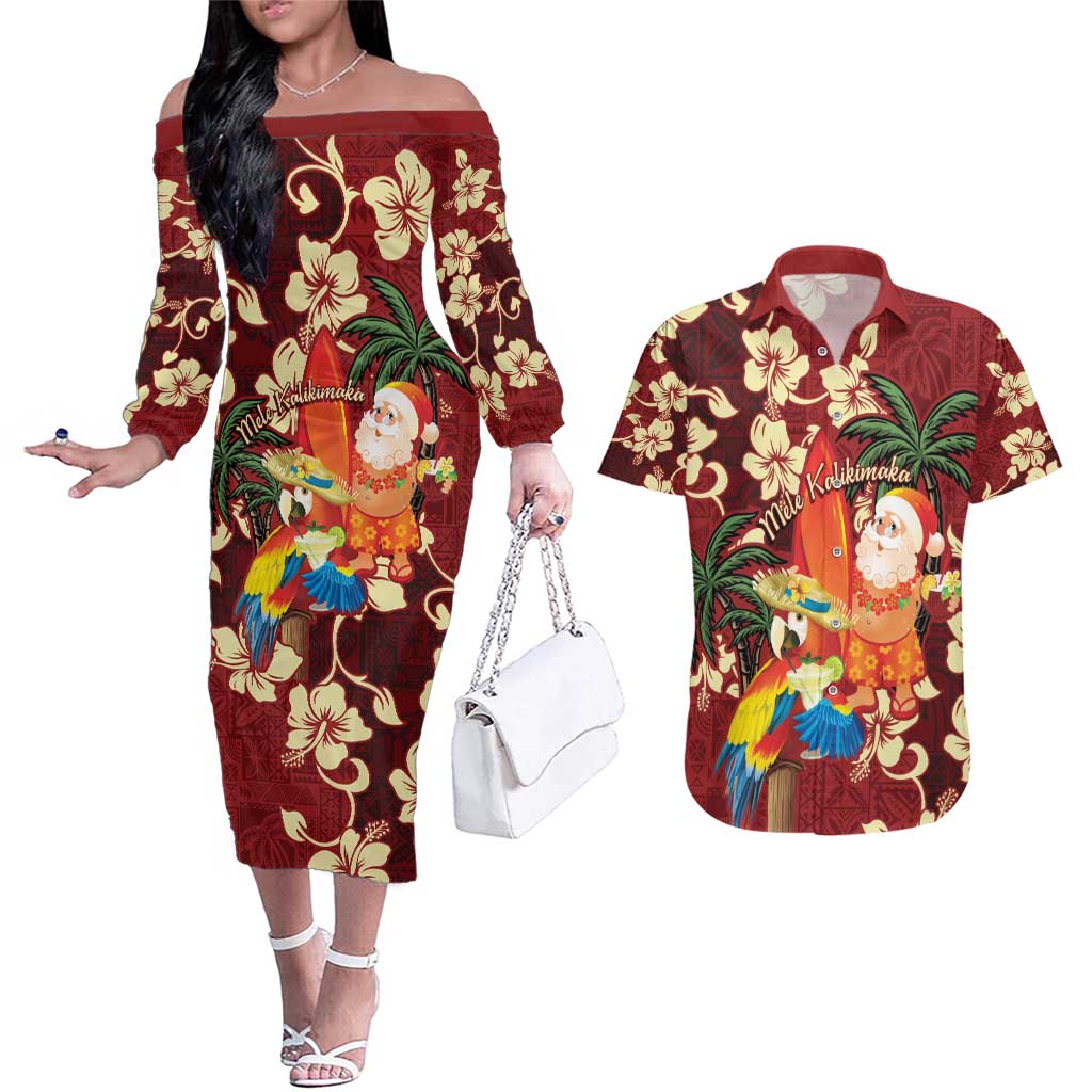 Crimson Red Tropical Christmas Hawaii Tapa Couples Matching Off The Shoulder Long Sleeve Dress and Hawaiian Shirt Aloha Santa Drink Party - Polynesian Pride
