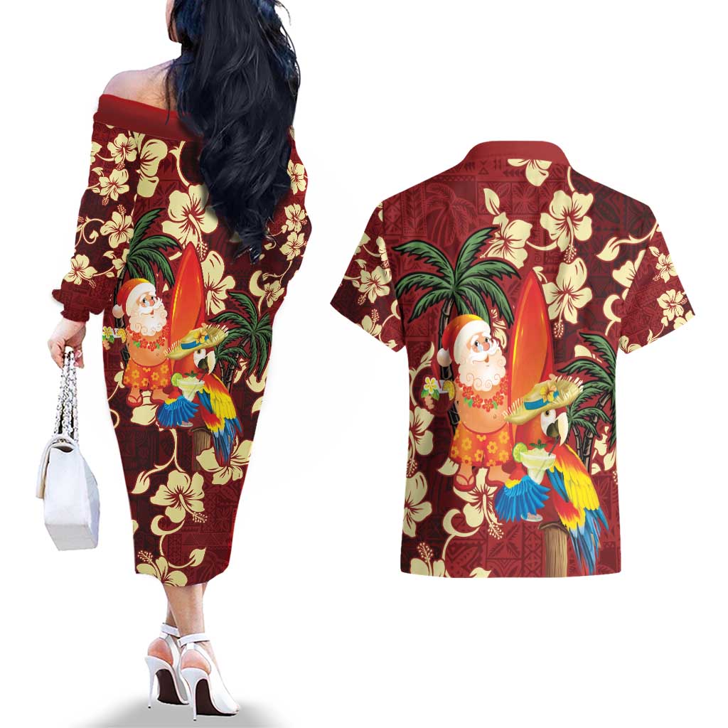 Crimson Red Tropical Christmas Hawaii Tapa Couples Matching Off The Shoulder Long Sleeve Dress and Hawaiian Shirt Aloha Santa Drink Party - Polynesian Pride