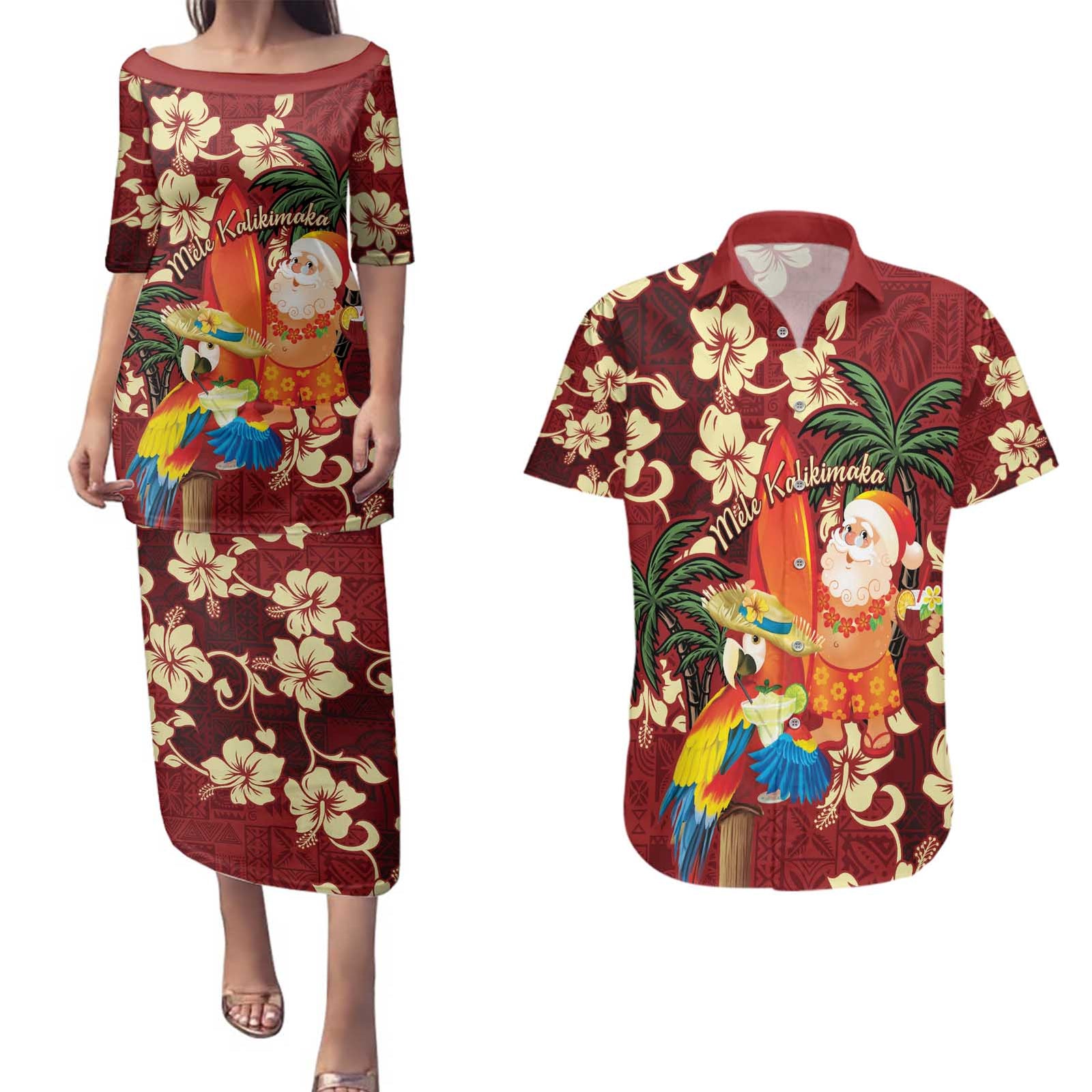 Crimson Red Tropical Christmas Hawaii Tapa Couples Matching Puletasi and Hawaiian Shirt Aloha Santa Drink Party - Polynesian Pride