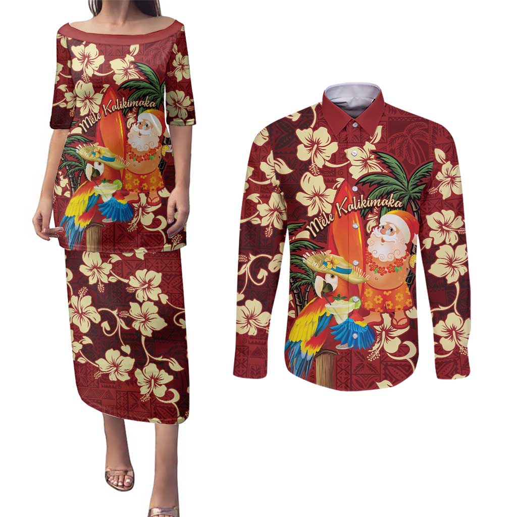Crimson Red Tropical Christmas Hawaii Tapa Couples Matching Puletasi and Long Sleeve Button Shirt Aloha Santa Drink Party - Polynesian Pride
