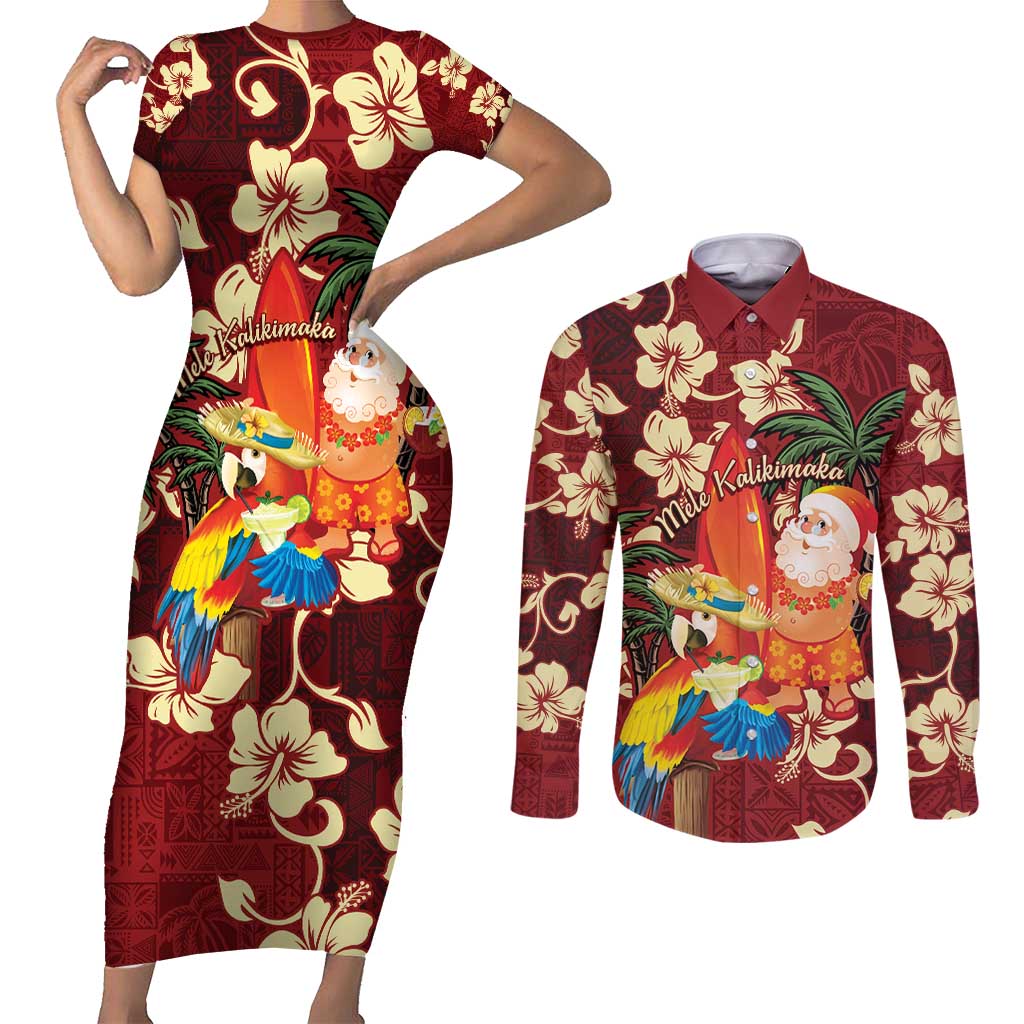 Crimson Red Tropical Christmas Hawaii Tapa Couples Matching Short Sleeve Bodycon Dress and Long Sleeve Button Shirt Aloha Santa Drink Party - Polynesian Pride