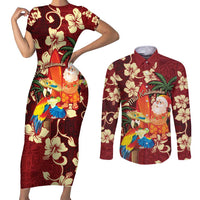 Crimson Red Tropical Christmas Hawaii Tapa Couples Matching Short Sleeve Bodycon Dress and Long Sleeve Button Shirt Aloha Santa Drink Party - Polynesian Pride