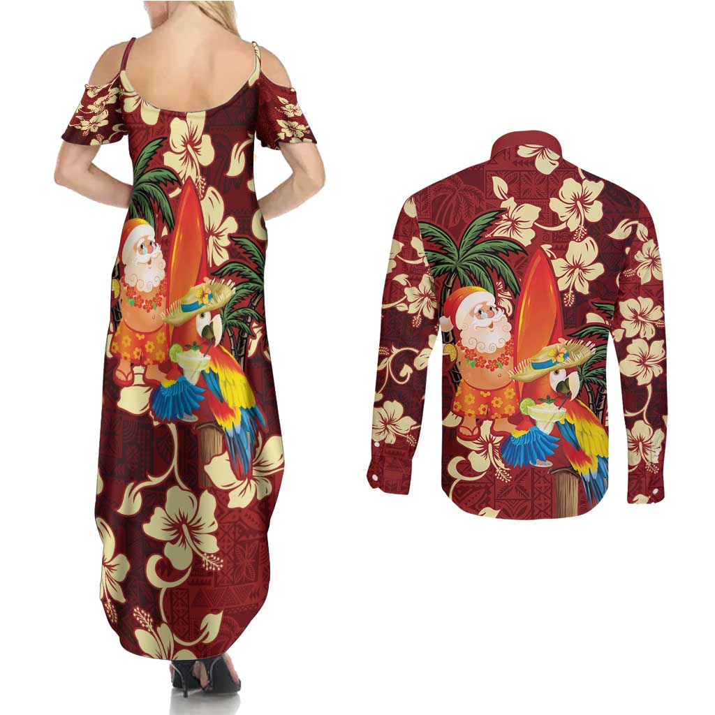 Crimson Red Tropical Christmas Hawaii Tapa Couples Matching Summer Maxi Dress and Long Sleeve Button Shirt Aloha Santa Drink Party - Polynesian Pride