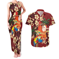 Crimson Red Tropical Christmas Hawaii Tapa Couples Matching Tank Maxi Dress and Hawaiian Shirt Aloha Santa Drink Party - Polynesian Pride