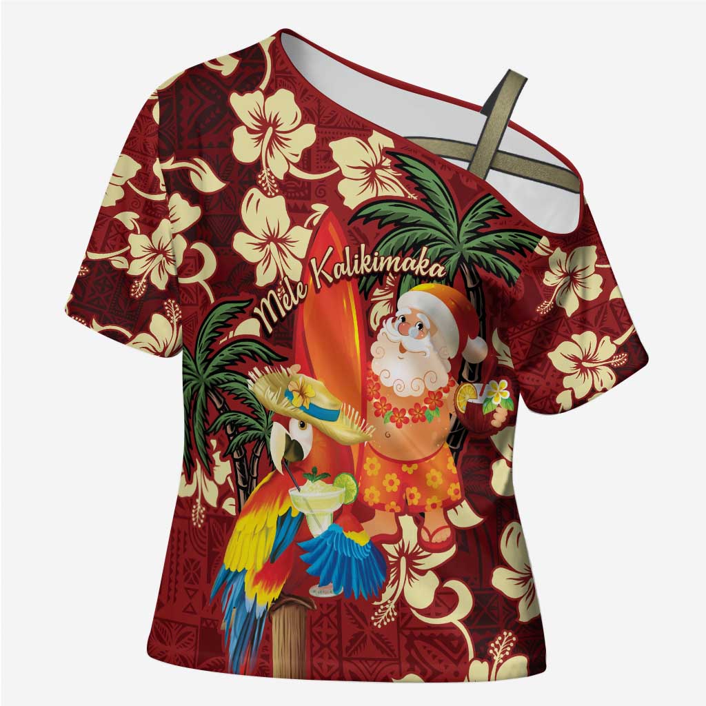 Crimson Red Tropical Christmas Hawaii Tapa Cross Shoulder Shirt Aloha Santa Drink Party - Polynesian Pride