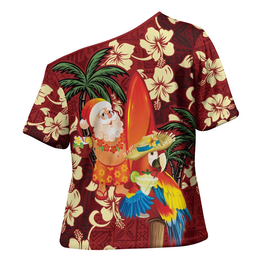 Crimson Red Tropical Christmas Hawaii Tapa Cross Shoulder Shirt Aloha Santa Drink Party - Polynesian Pride