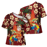 Crimson Red Tropical Christmas Hawaii Tapa Cross Shoulder Shirt Aloha Santa Drink Party - Polynesian Pride