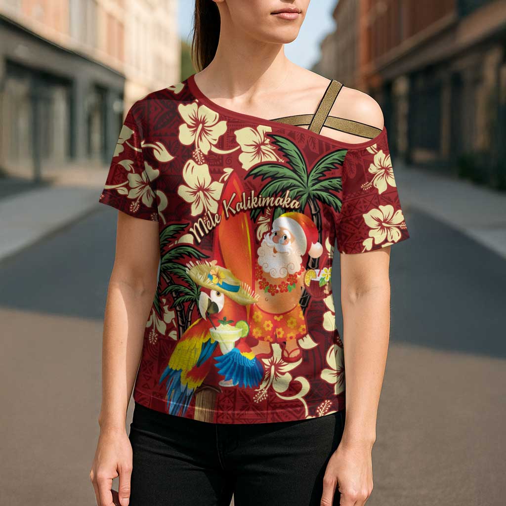 Crimson Red Tropical Christmas Hawaii Tapa Cross Shoulder Shirt Aloha Santa Drink Party - Polynesian Pride
