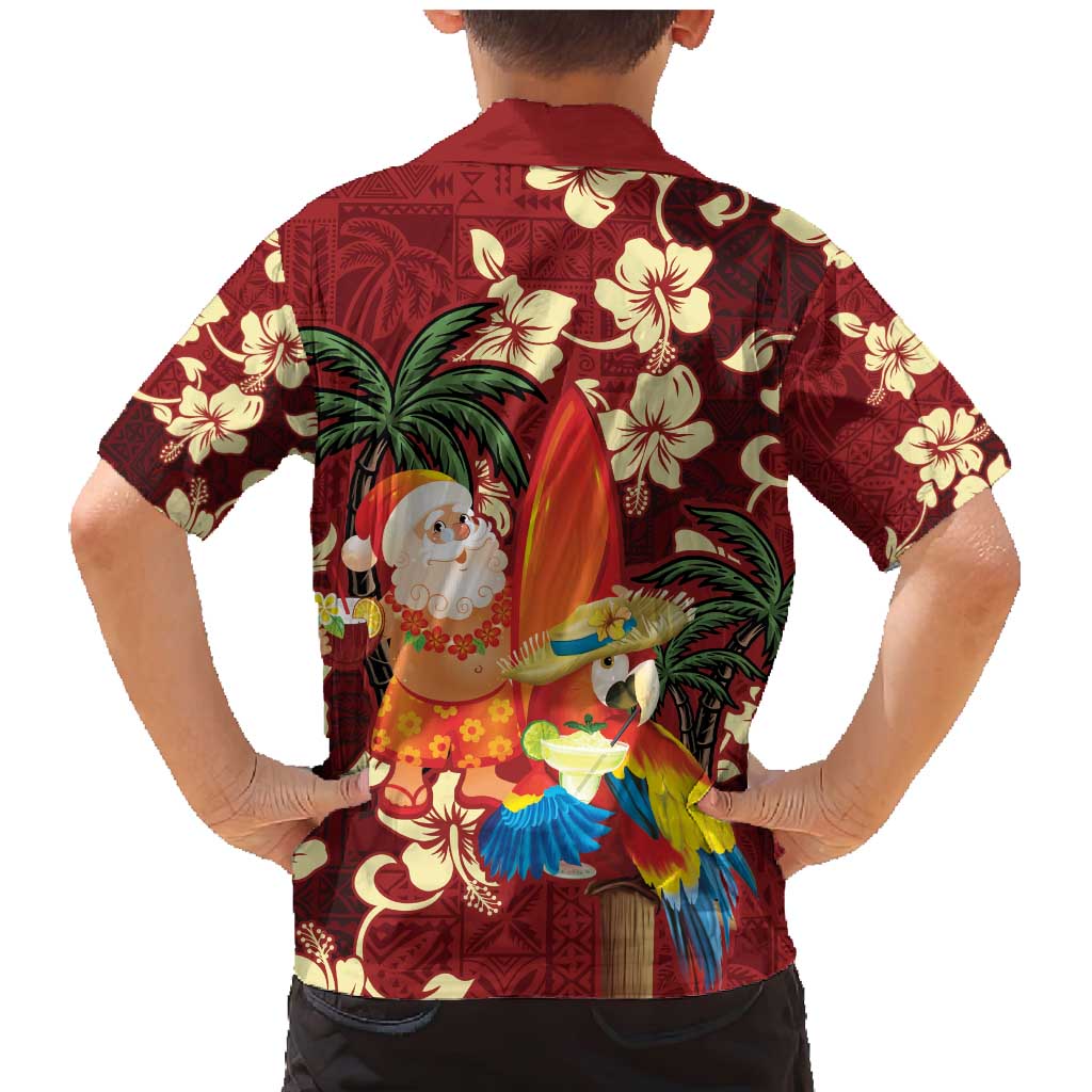 Crimson Red Tropical Christmas Hawaii Tapa Family Matching Mermaid Dress and Hawaiian Shirt Aloha Santa Drink Party - Polynesian Pride