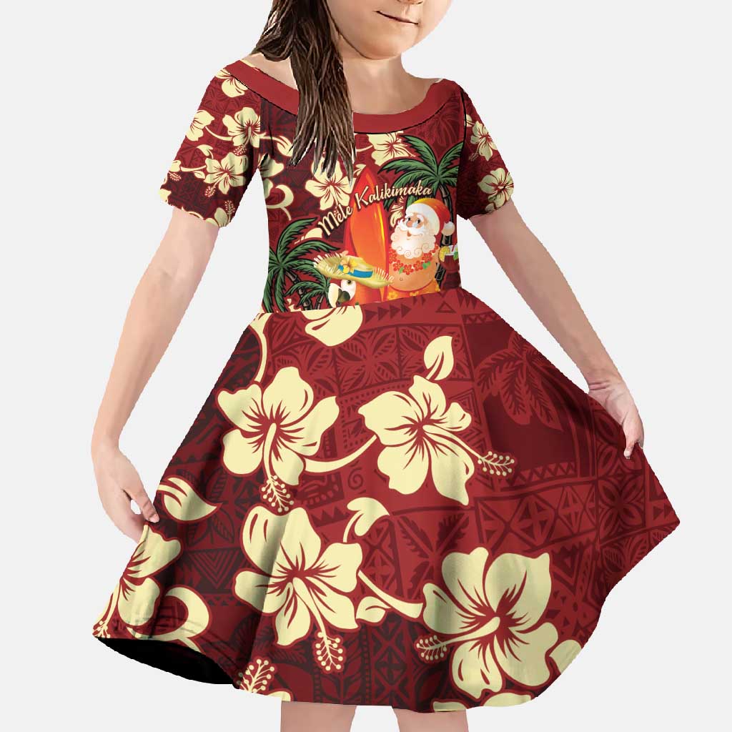 Crimson Red Tropical Christmas Hawaii Tapa Family Matching Off Shoulder Maxi Dress and Hawaiian Shirt Aloha Santa Drink Party - Polynesian Pride