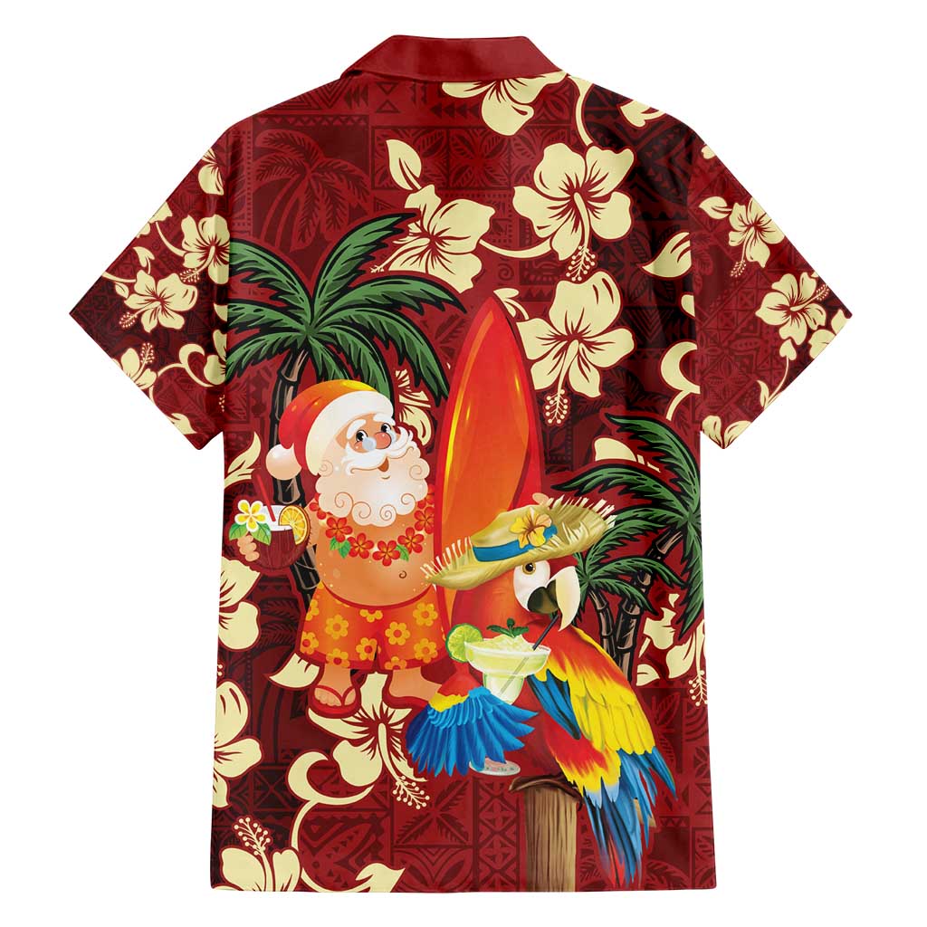 Crimson Red Tropical Christmas Hawaii Tapa Family Matching Puletasi and Hawaiian Shirt Aloha Santa Drink Party - Polynesian Pride