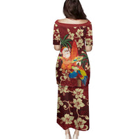 Crimson Red Tropical Christmas Hawaii Tapa Family Matching Puletasi and Hawaiian Shirt Aloha Santa Drink Party - Polynesian Pride